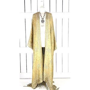 Maxi beige grey paisley pashmina kimono cover up fringe jacket